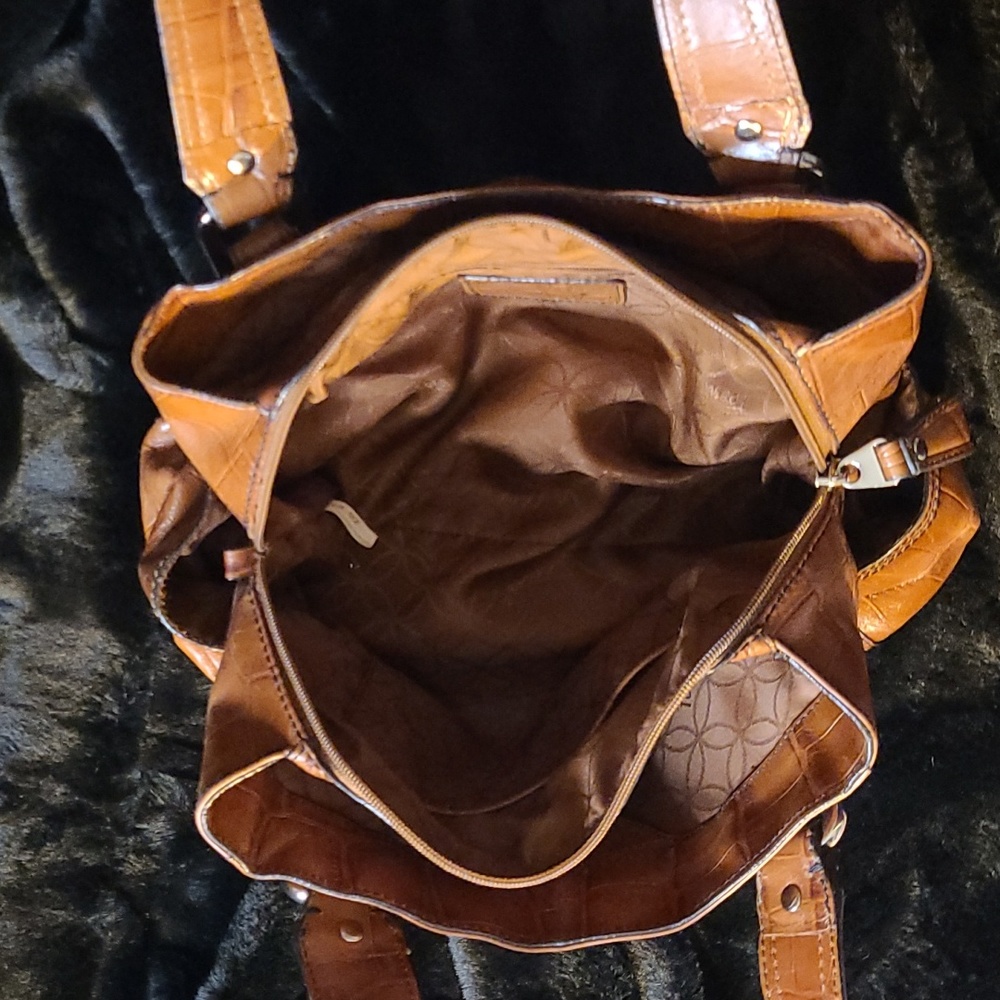 FOSSIL Croc Embossed Leather Shoulder Bag Purse 12" x 8" - Brown - Picture 4 of 16